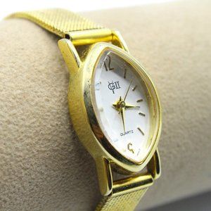 VG II Diamond Shape Raised Crystal White Face Textured Gold Tone Band Watch 8 In